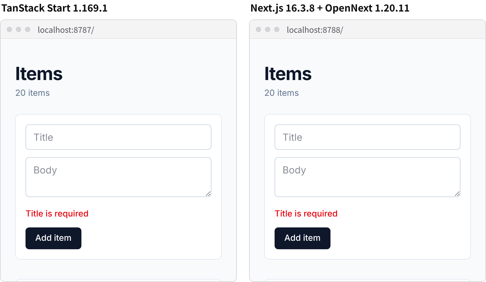 Start と Next.js で同じ見た目にしたアプリ。空のまま送ると、どちらも Title is required を出す