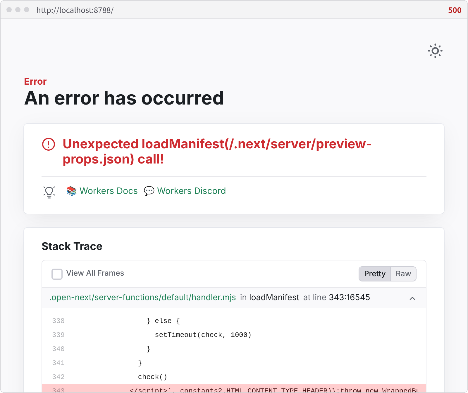 Next.js 16.4.0 と OpenNext 1.20.11 を wrangler dev で開くと、ブラウザにも同じエラーで 500 が出る