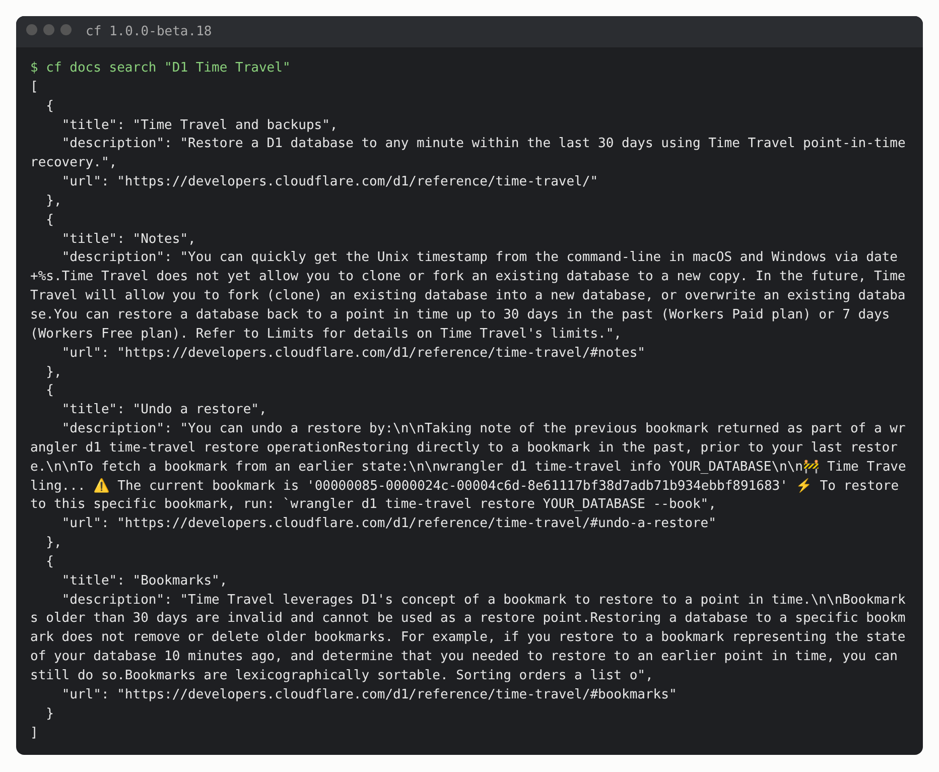 cf docs search に D1 Time Travel と渡すと、D1 Time Travel のページとそのセクションがタイトル・説明・URL の JSON で返る